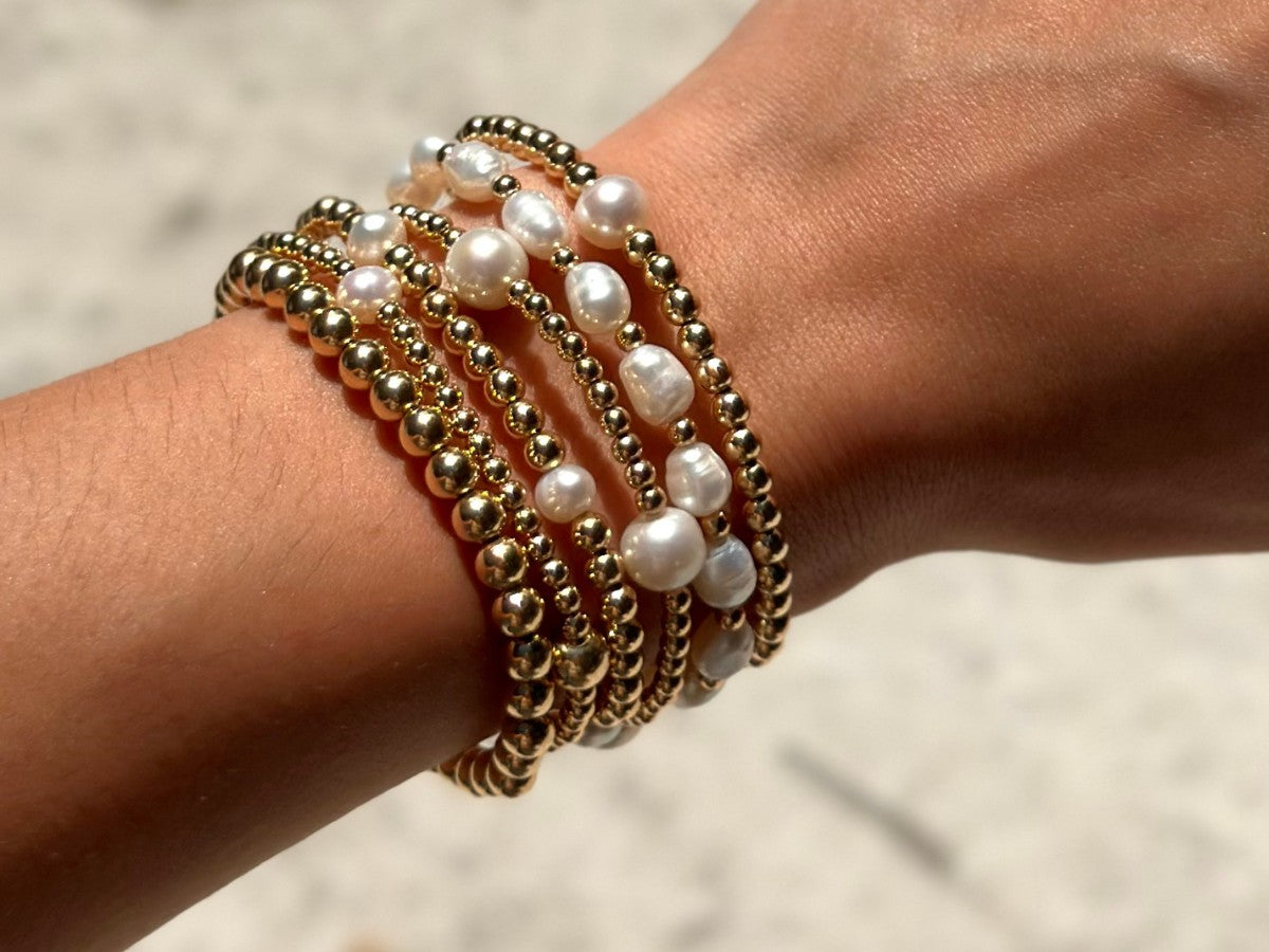 Cultured Pearl 3mm Gold Bead Alternating 14K Gold Filled Stacking Bracelet | Little Sky Stone