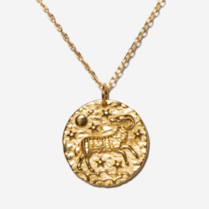 Aries Zodiac Coin 14k Gold Necklace