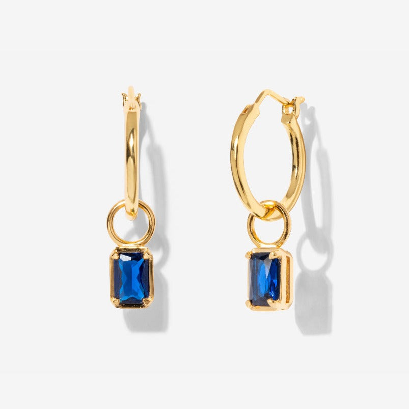 Blue Sapphire Baguette Hoop Earrings in 14K Gold Over Sterling Silver