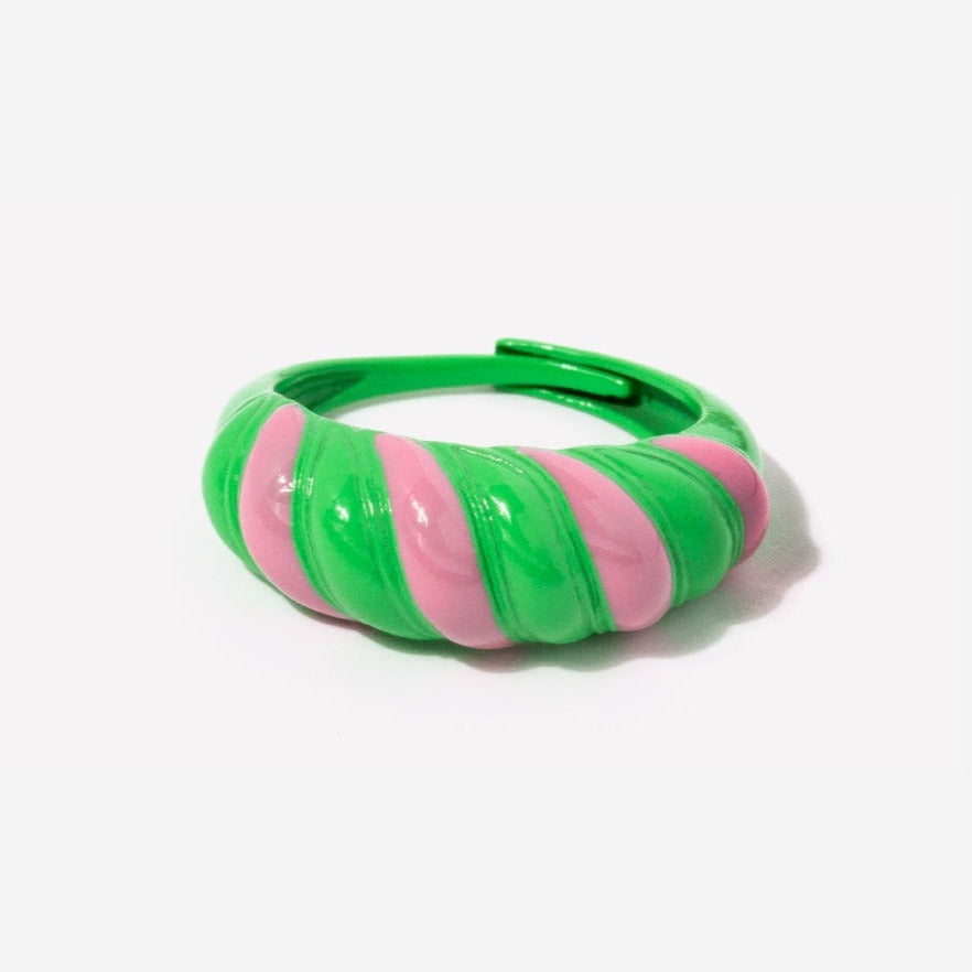 Pink and Green Enamel Croissant Dome Ring