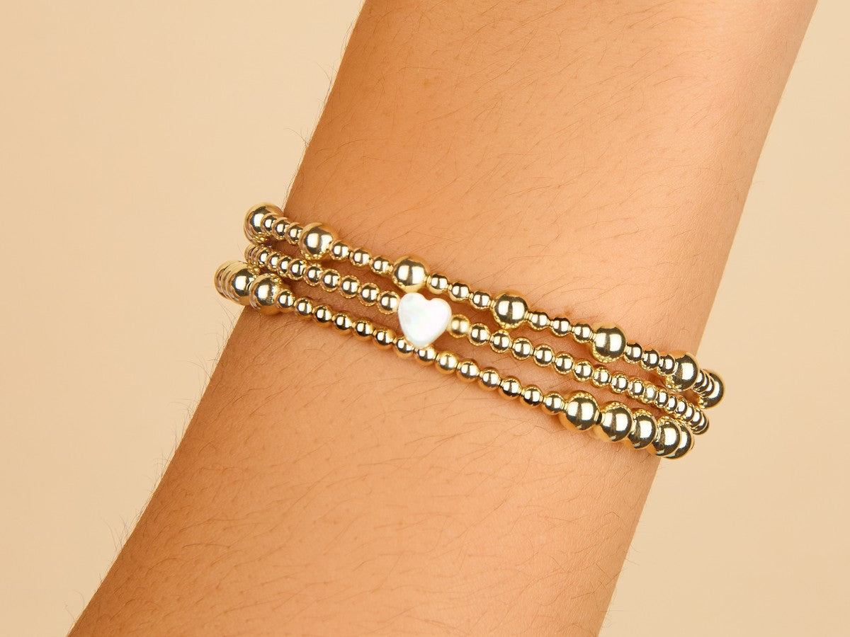 3mm Bead Mother of Pearl Heart Charm 14K Gold Filled Stacking Bracelet 