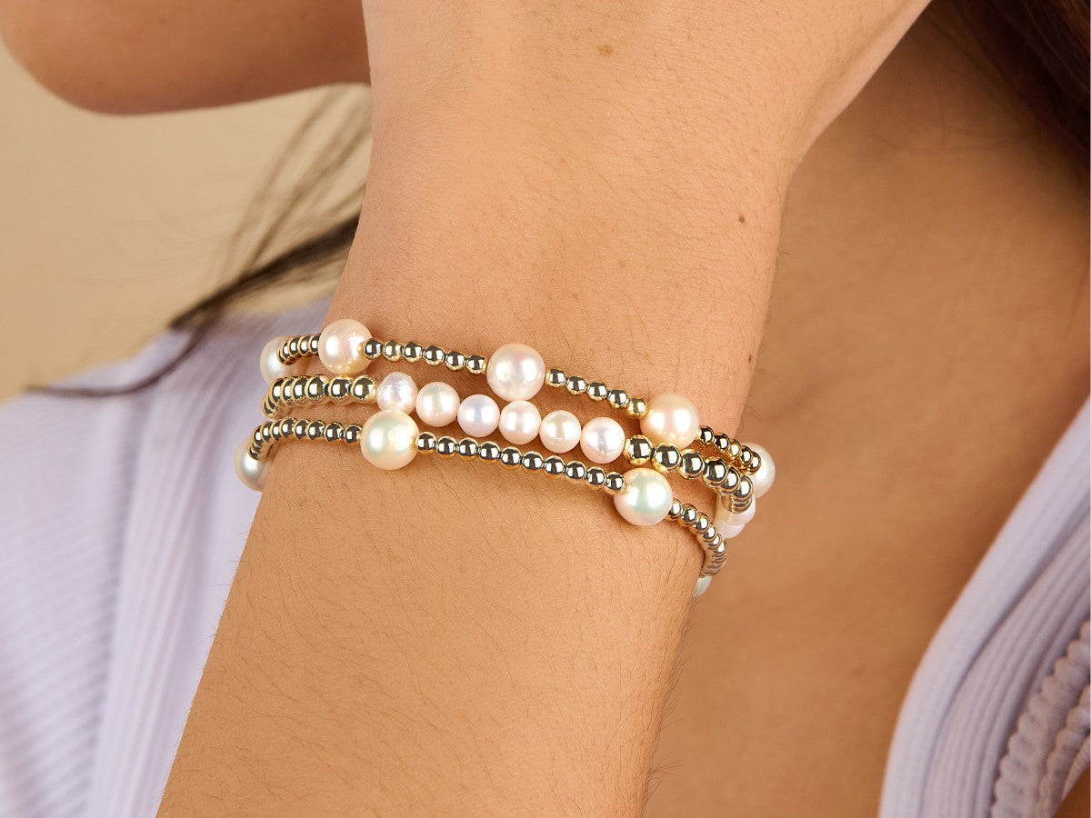 Gold Bead Bracelet w/ Single Pearl main image 1
