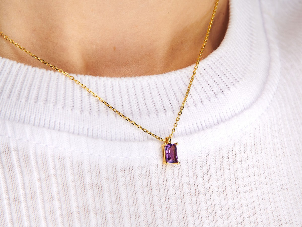 Tiny Baguette Amethyst Necklace in 14k Gold Filled | Little Sky Stone