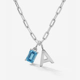 Birthstone Uppercase Initial Silver Necklace in belcher chain