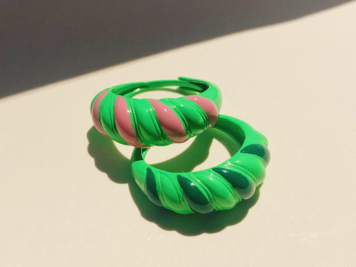Pink and Green Enamel Croissant Dome Ring | Little Sky Stone