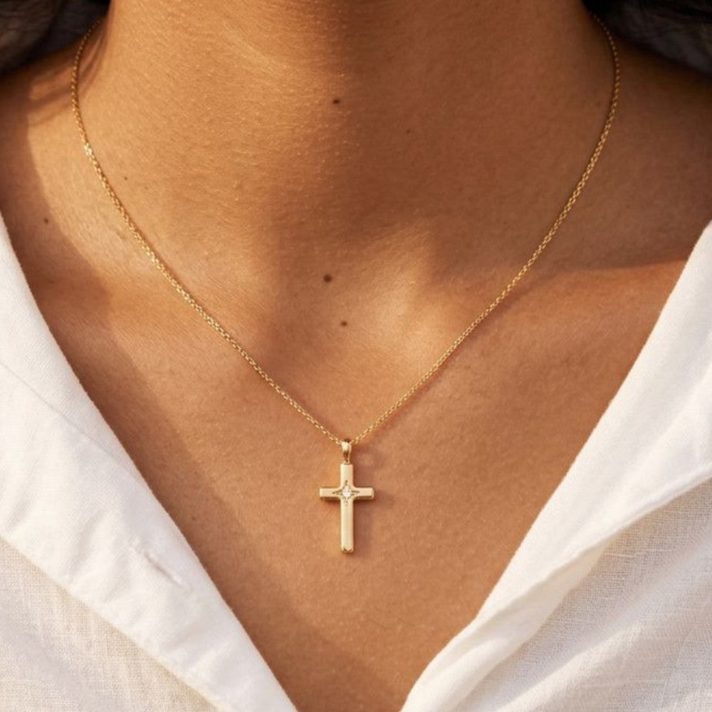 Cross Pendant Necklace in 14k Gold over Silver - Evelyn