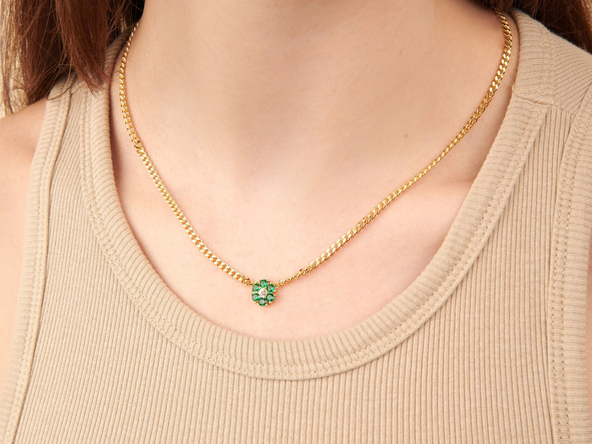 Sold at Auction: 14K Yellow Gold Diamond & Lab Emerald Necklace