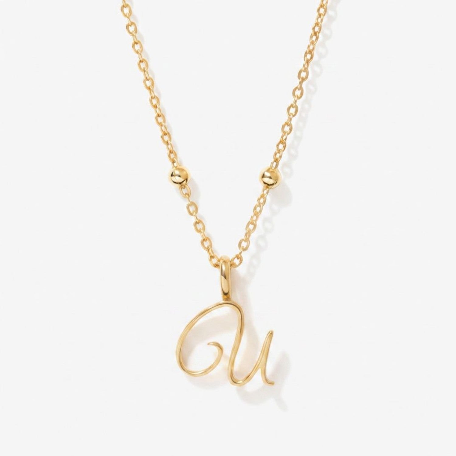 Cursive Initial Necklace on Sphere Chain - U
