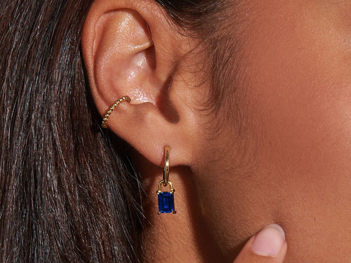 Lock Shape Sapphire Baguette Hoop Earrings | Little Sky Stone