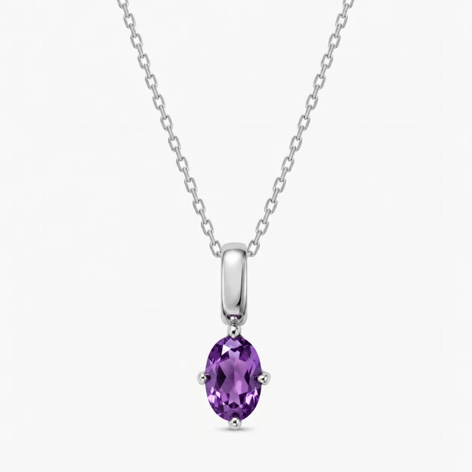 Oval February Birthstone Silver Necklace - Amethyst