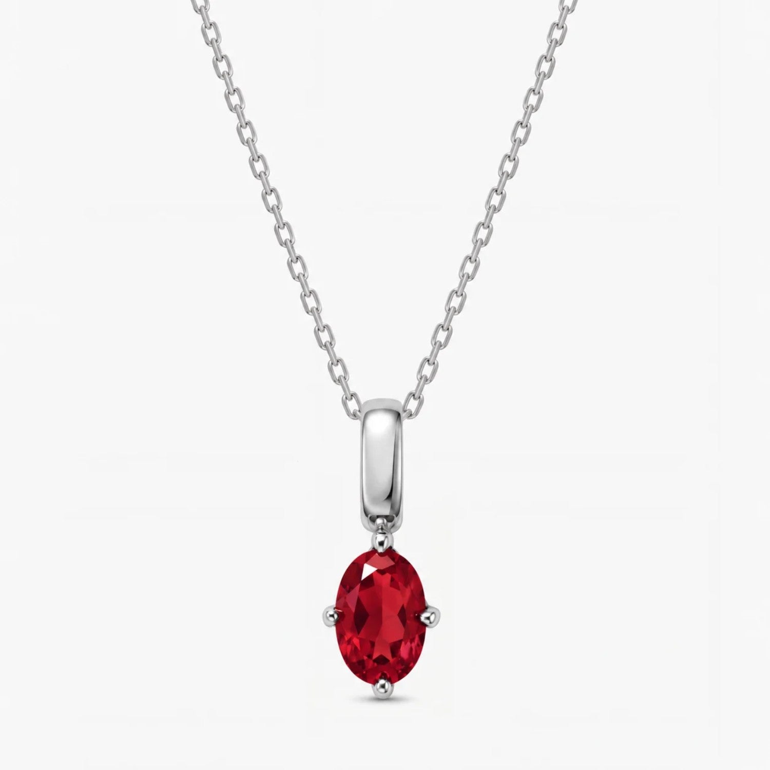 Oval July Birthstone Silver Necklace - Ruby