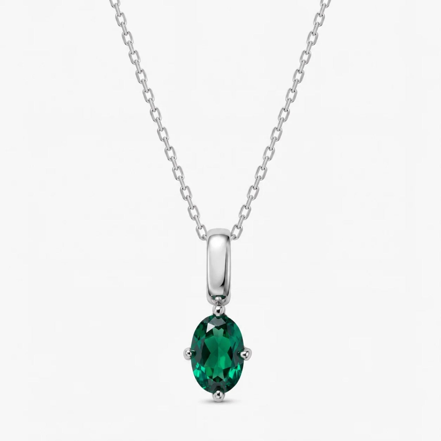 Oval May Birthstone Silver Necklace - Emerald