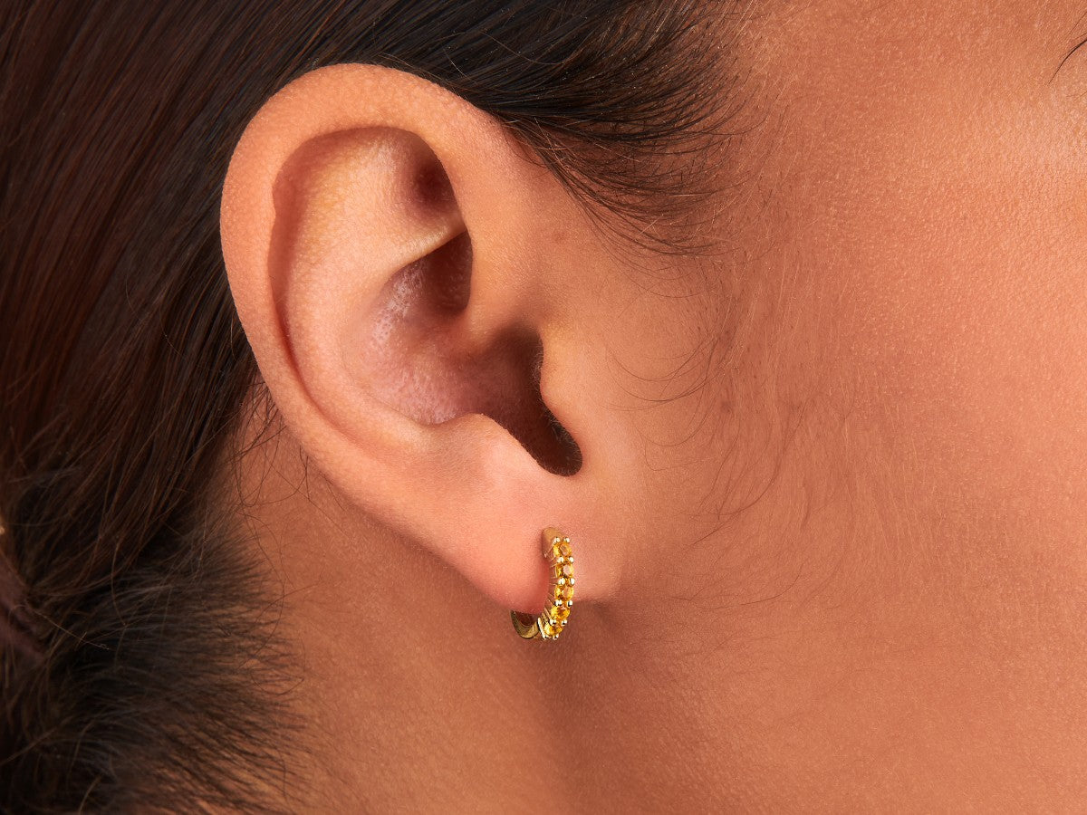 Pave Citrine Huggie Hoop Earrings in 14K Gold Over Sterling Silver