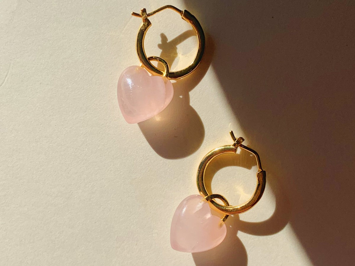 Pink Quartz Puffy Heart Hoop Earrings | Little Sky Stone