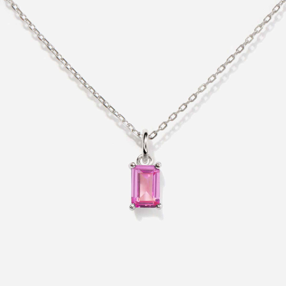 Pink Tourmaline October Birthstone Baguette Silver Necklace