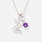 Round Birthstone Capital Initial Silver Necklace