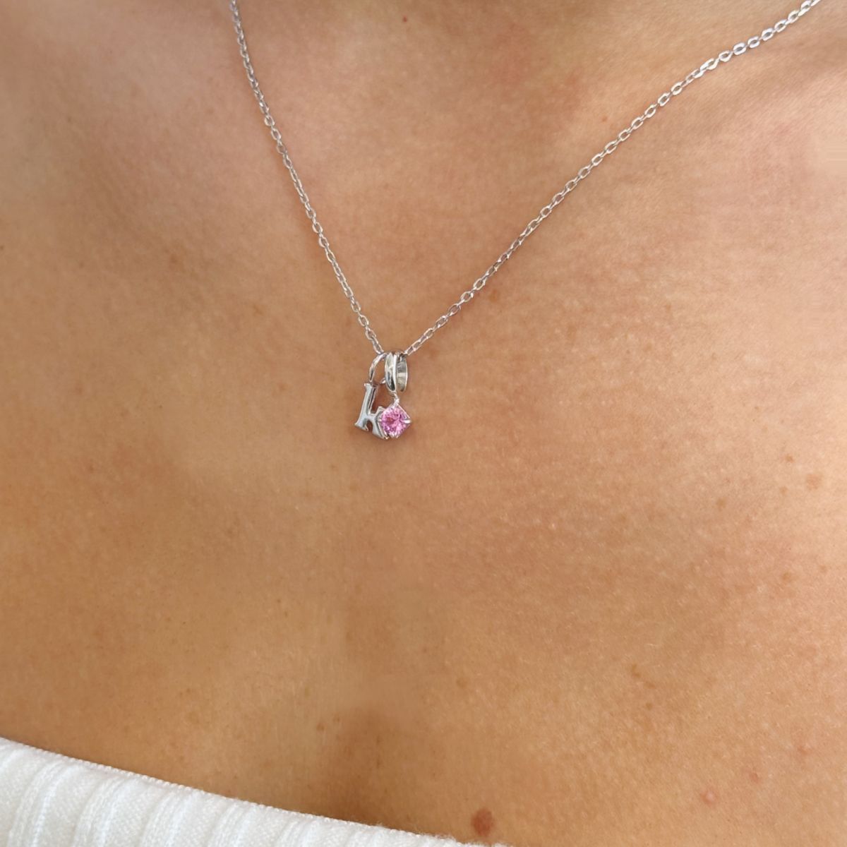 Round Birthstone Initial Silver Necklace