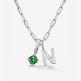 Round Birthstone Uppercase Initial Silver Necklace in Belcher Chain