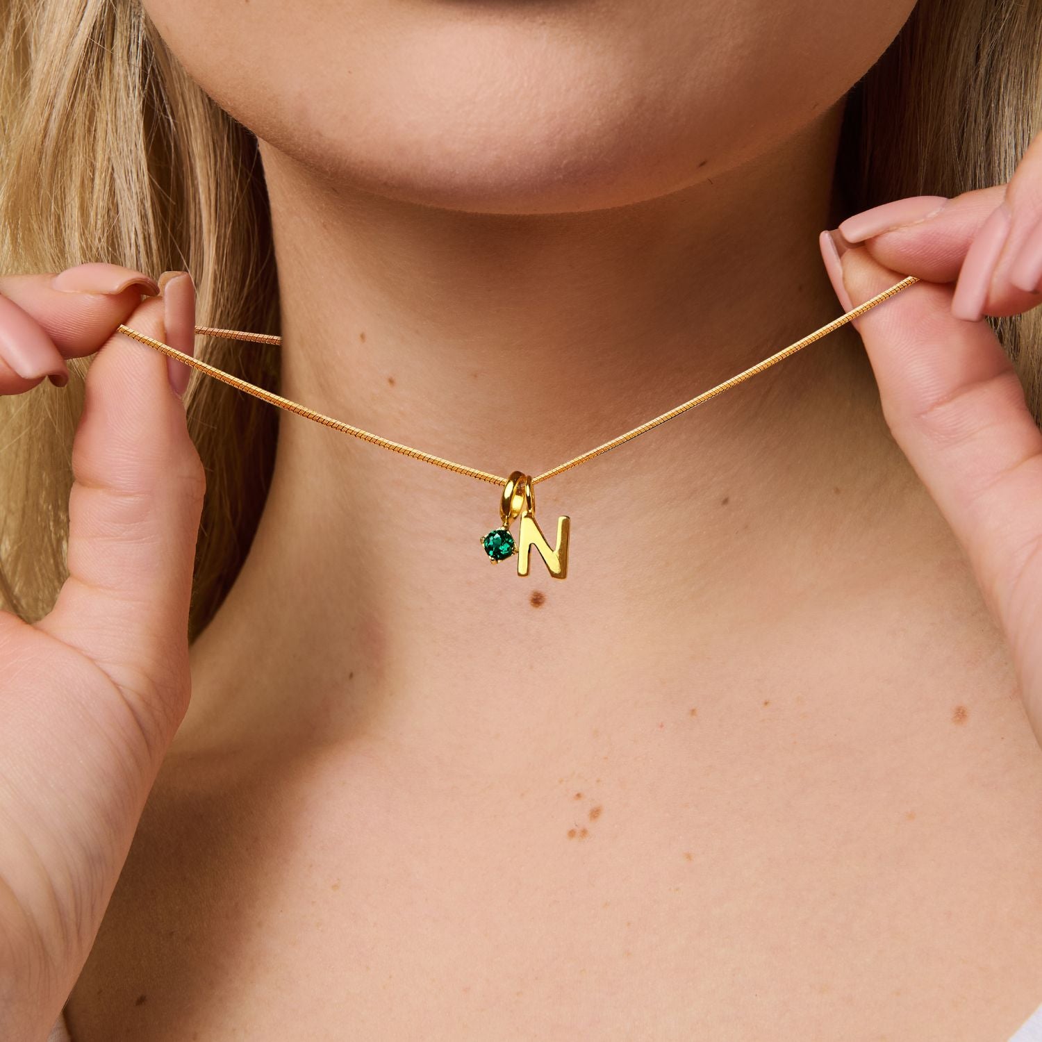 Round Birthstone Uppercase Initial Necklace - Ada