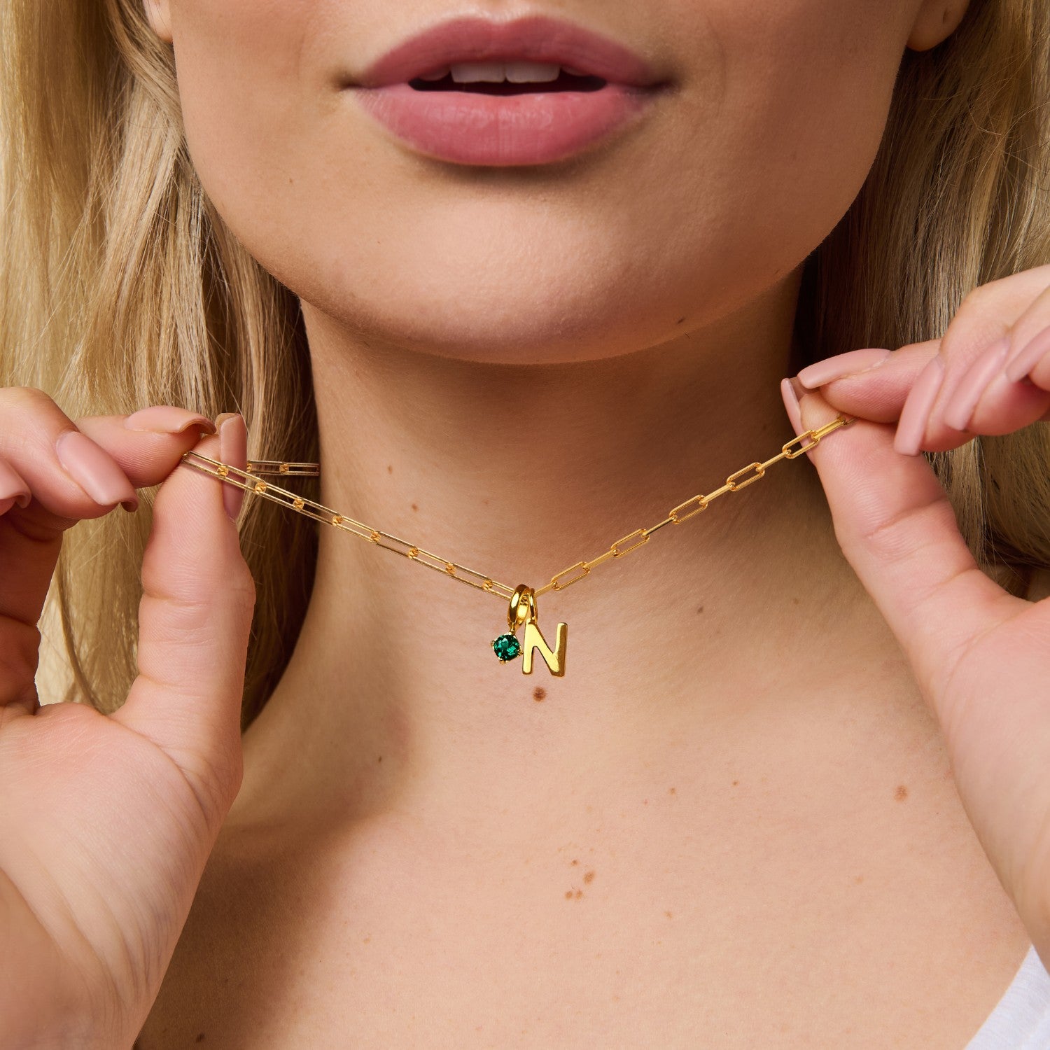 Round Birthstone Uppercase Initial Necklace - Kenzie