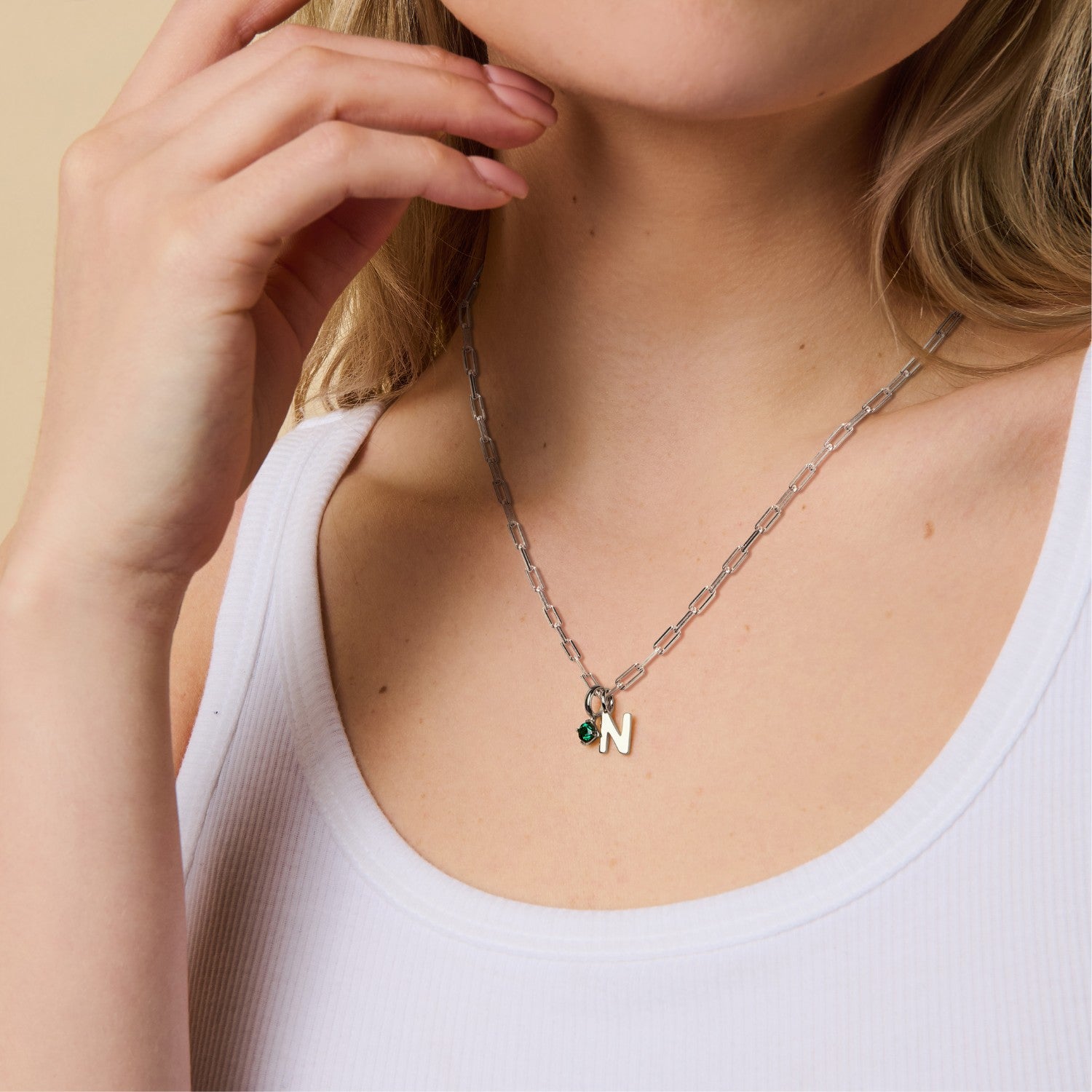 Kenzie Round Birthstone Uppercase Initial Silver Necklace