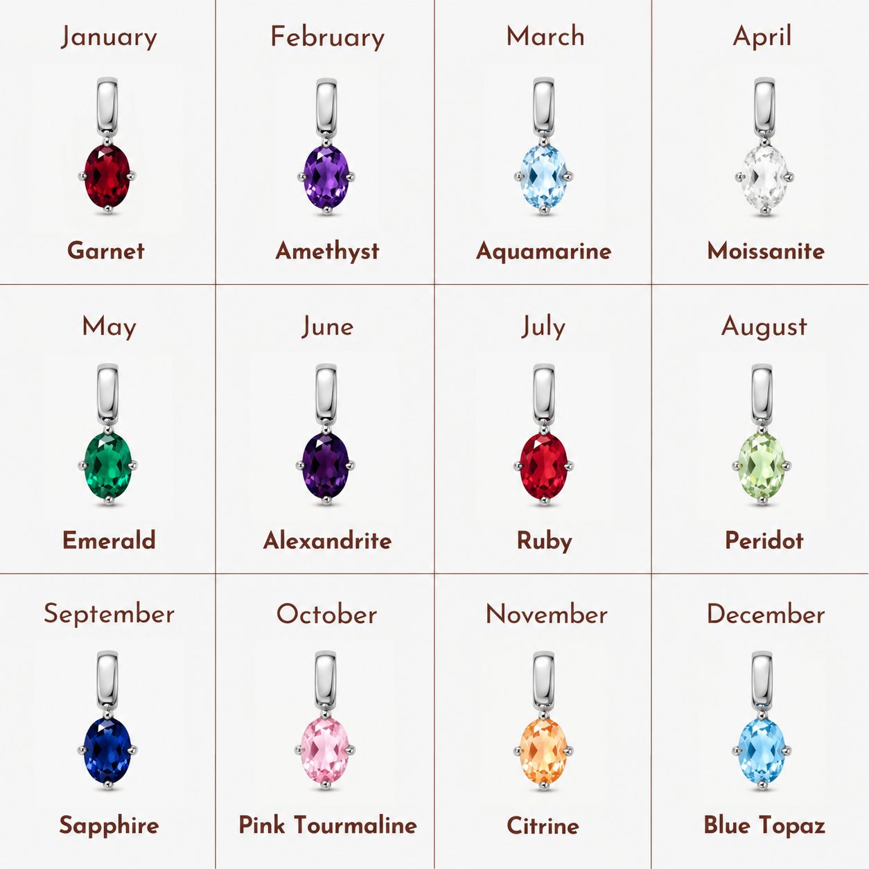 Oval Birthstone Silver Necklace Charms