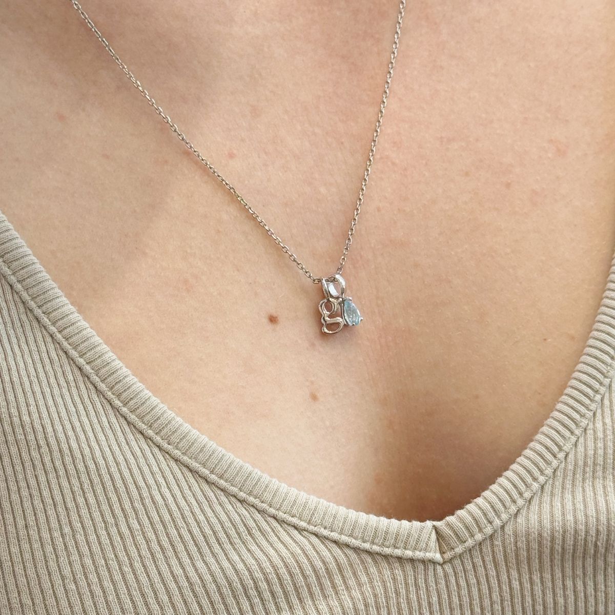 Teardrop Birthstone Initial Silver Necklace