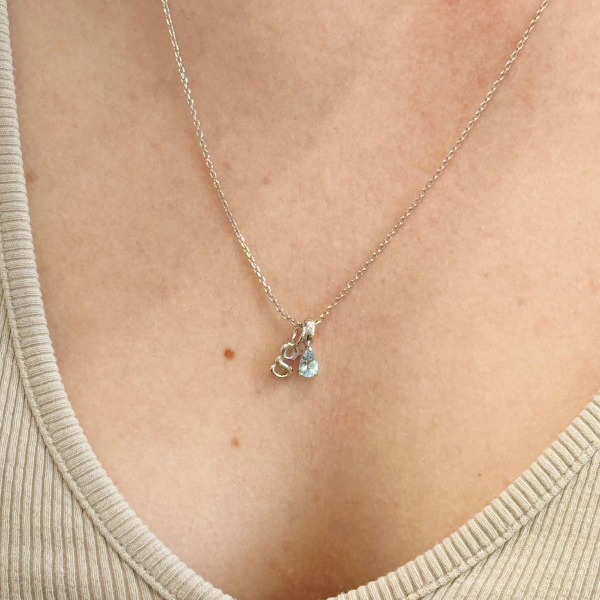 Teardrop Birthstone Initial Silver Necklace