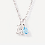 Teardrop Birthstone Initial Silver Necklace