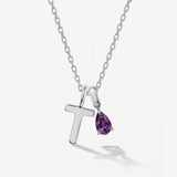 Teardrop Birthstone Capital Initial Silver Necklace
