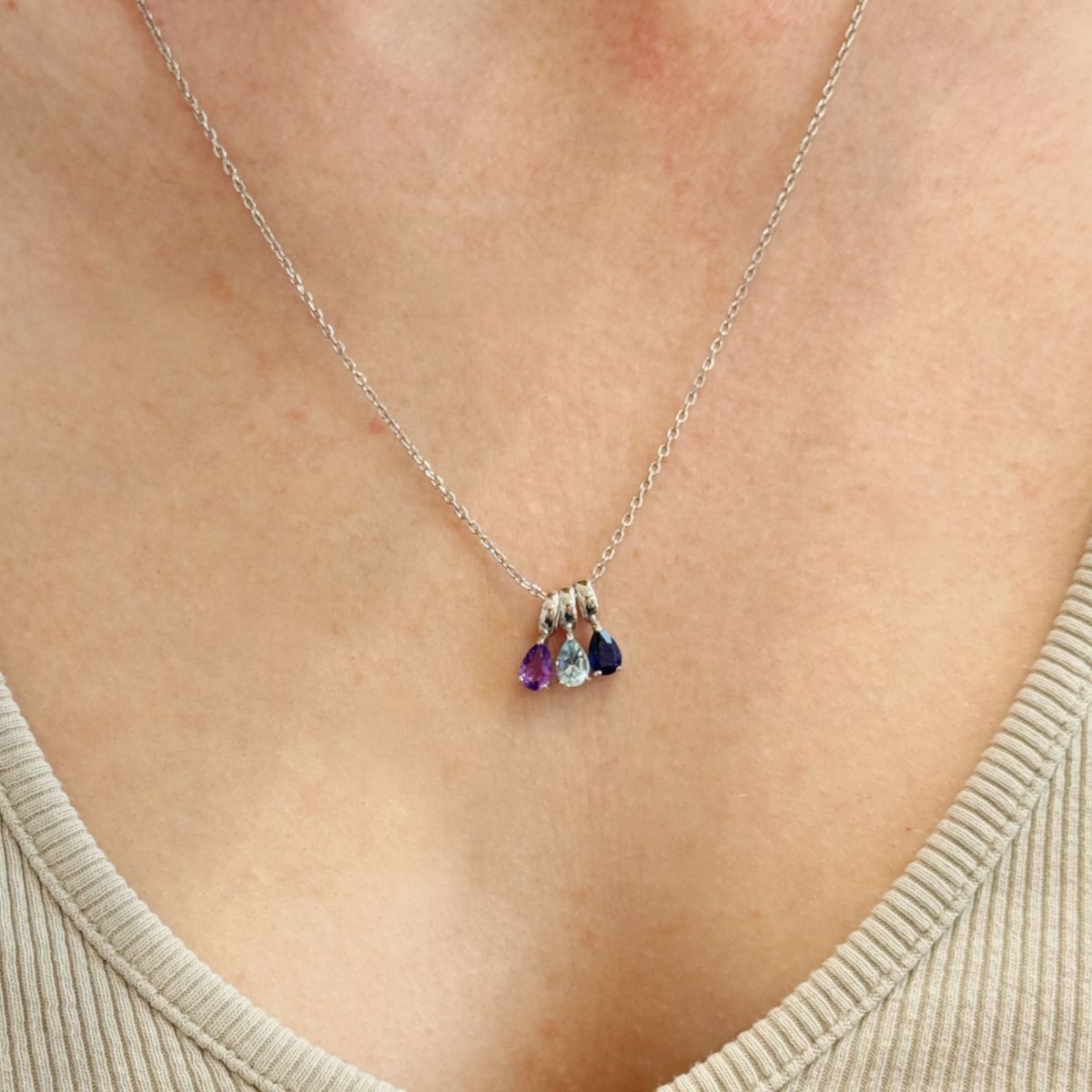 Three Birthstone Teardrop Silver Necklace