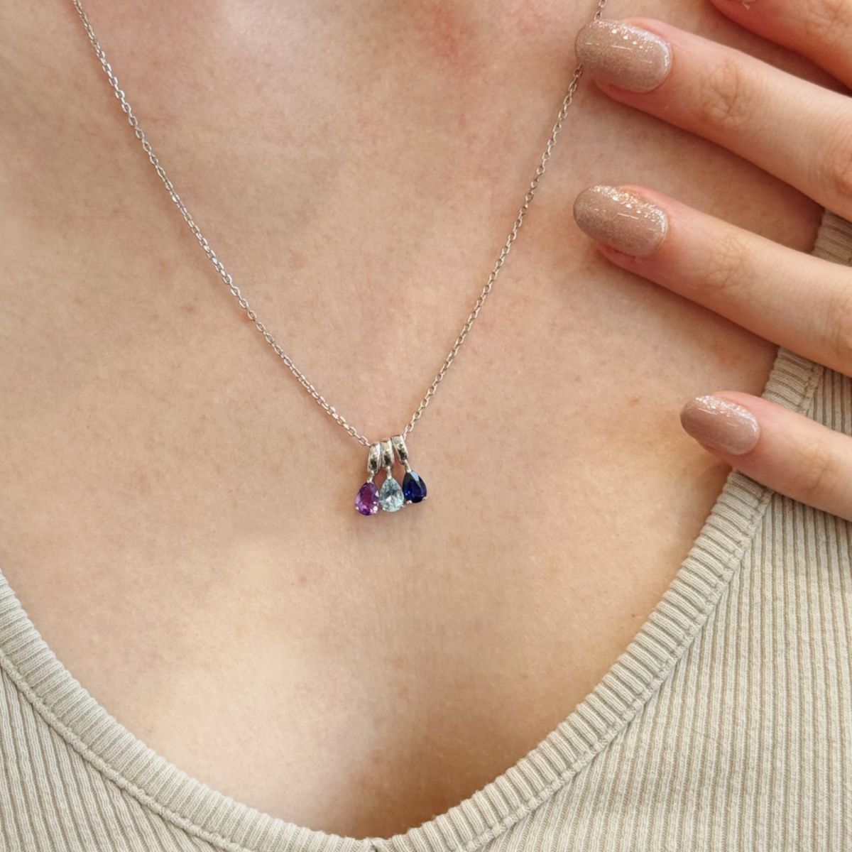 Three Birthstone Teardrop Silver Necklace
