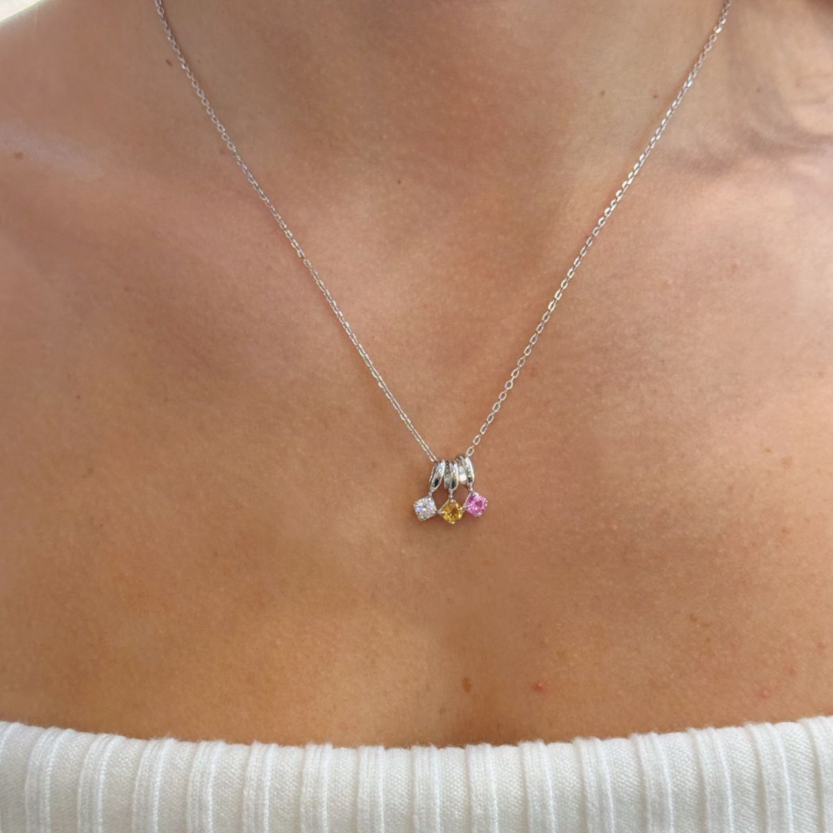 Three Round Birthstone Silver Necklace