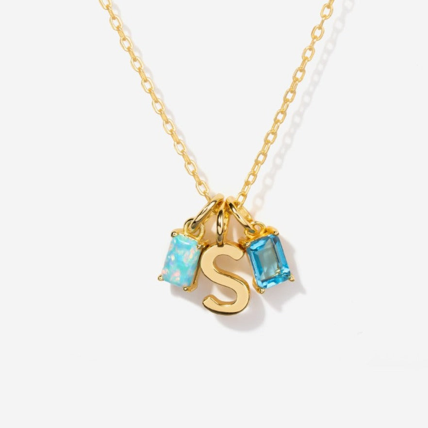 Two Birthstones Initial Custom Charm Necklace for Mom | 14k Gold Filled | Little Sky Stone