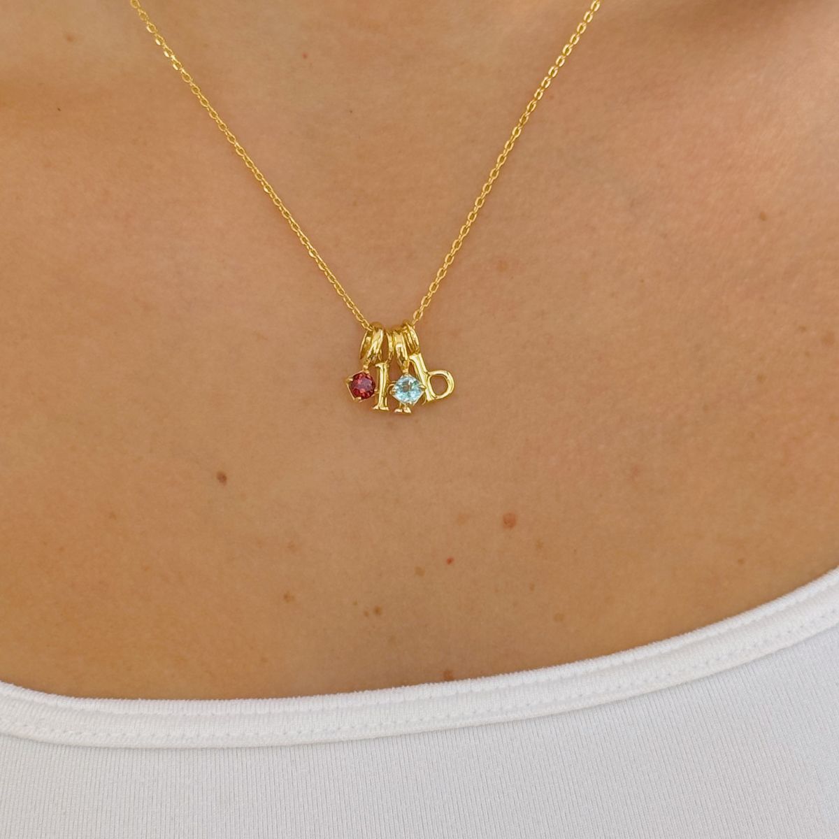 Two Round Birthstone Two Initial Necklace