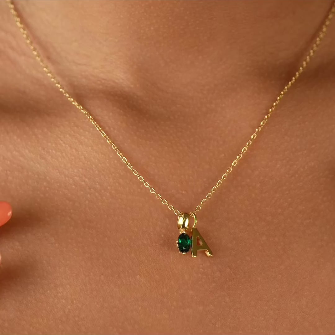 Oval Birthstone Uppercase Initial Necklace