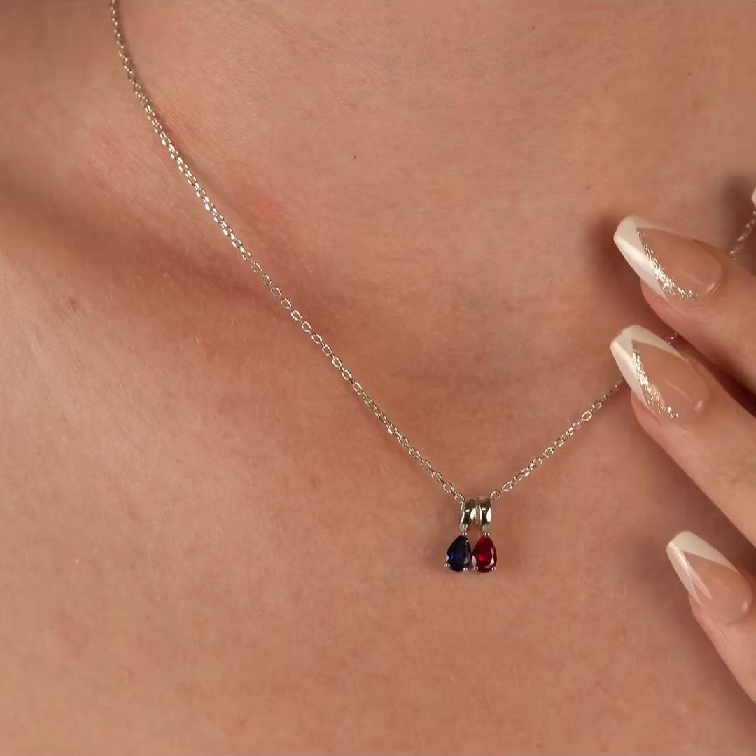 Two Teardrop Birthstone Silver Necklace