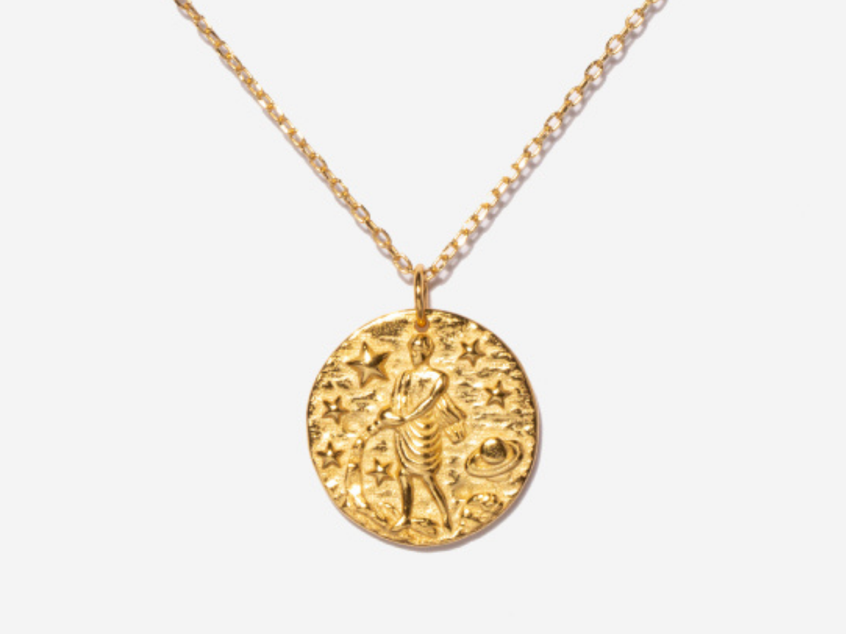 Aquarius Zodiac Coin 14k Gold Necklace