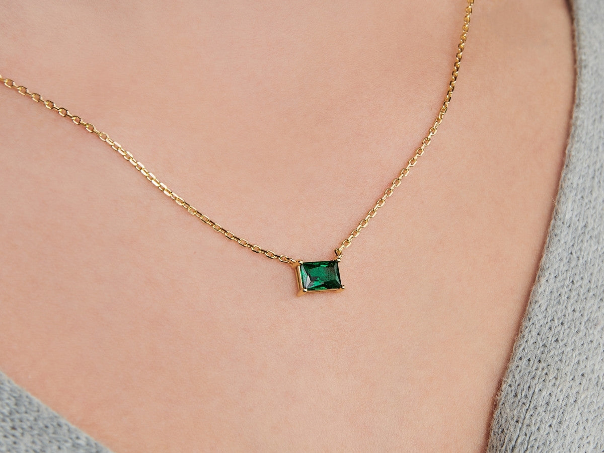 Baguette Emerald May Birthstone Necklace in Gold Over Silver