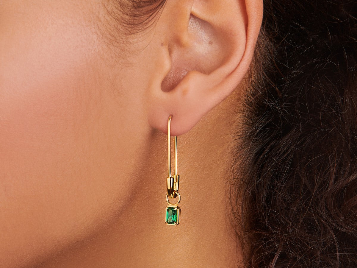 Baguette Emerald Safety Pin Earrings in Gold Over Silver