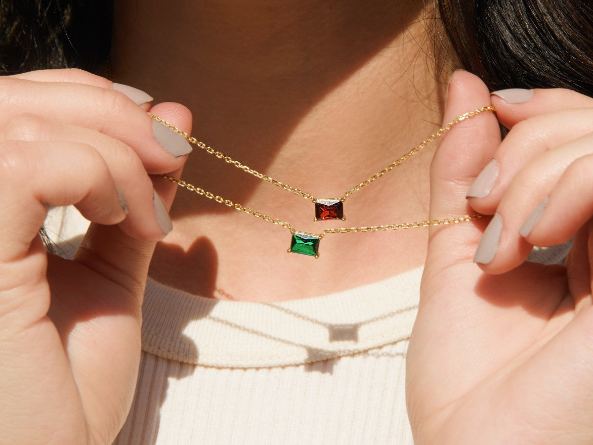 Baguette Emerald May Birthstone Necklace in Gold Over Silver