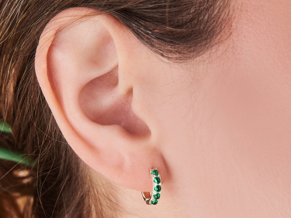 Beaded Emerald Huggie Earrings in Gold Plated Silver