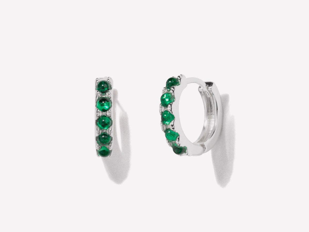 Beaded Emerald Huggie Earrings in Sterling Silver