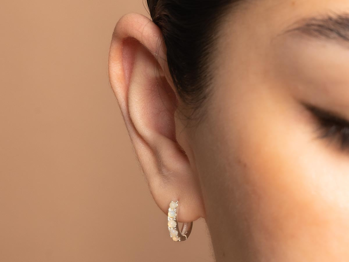 Beaded Opal Huggie Earrings in Sterling Silver