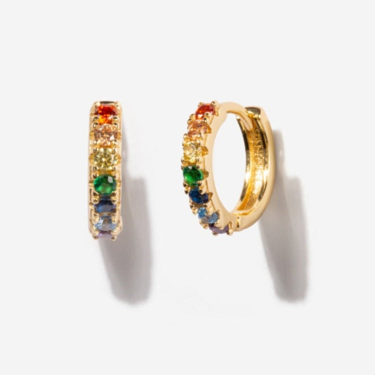 Beaded Rainbow 14k Gold Huggie Earrings