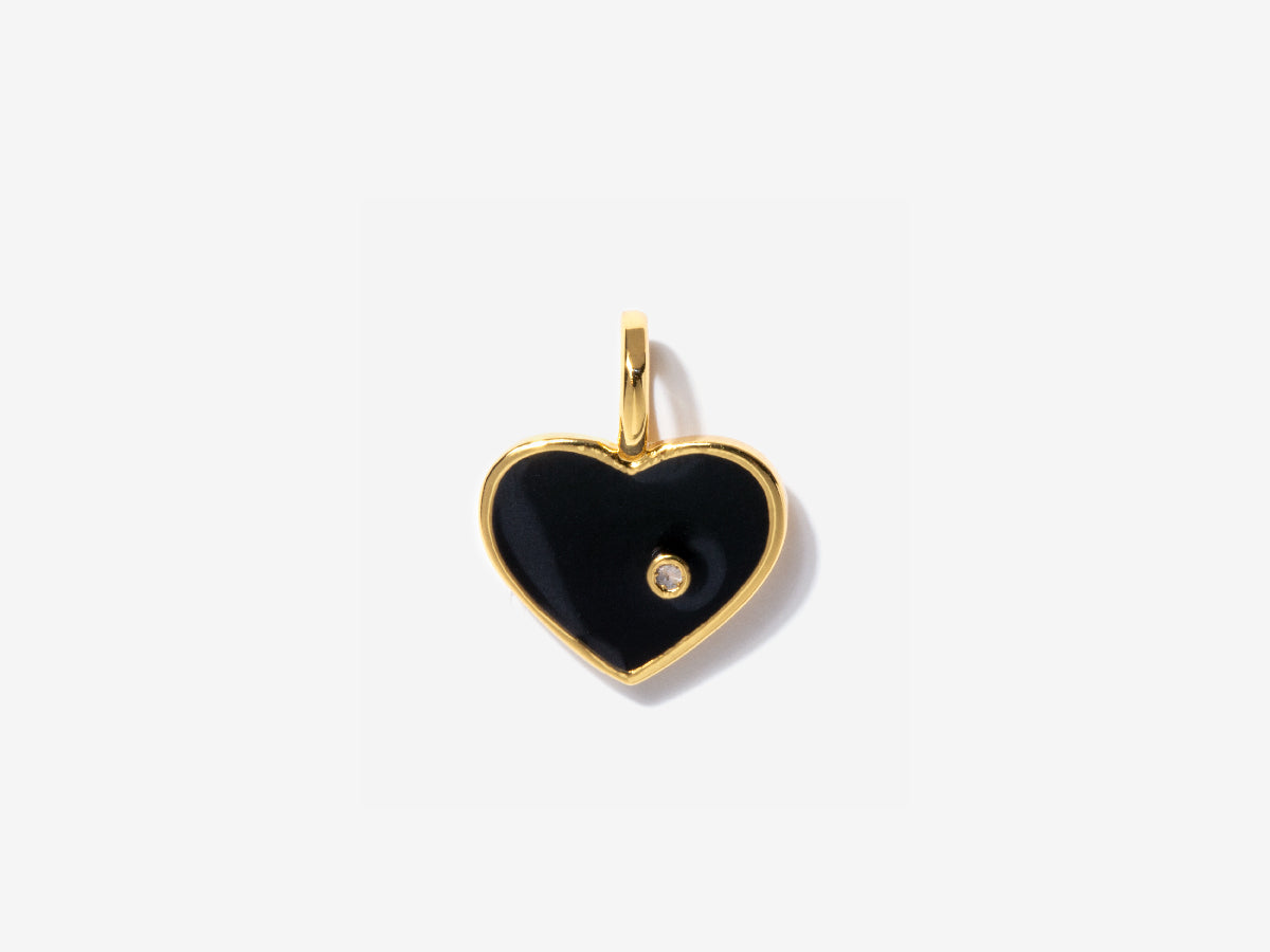 Black Enamel Heart Charm For Necklace in 14K Gold Over Brass