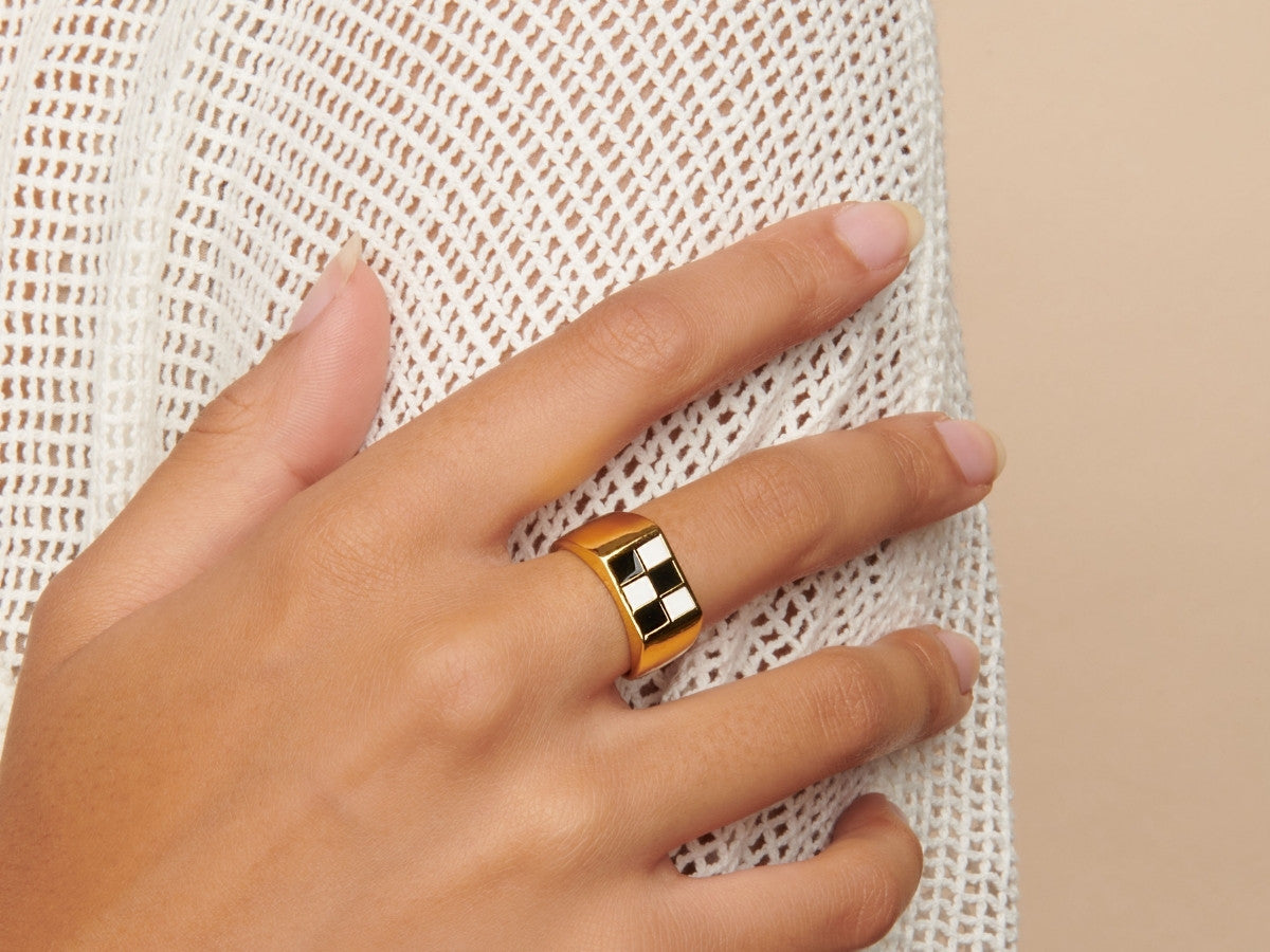 Black and White Checker Signet Ring in 14K Gold Over Sterling Silver