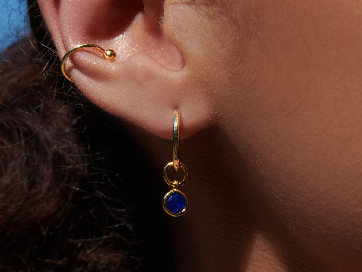 Blue Sapphire Drop Hoop Earrings in 14K Gold Over Sterling Silver