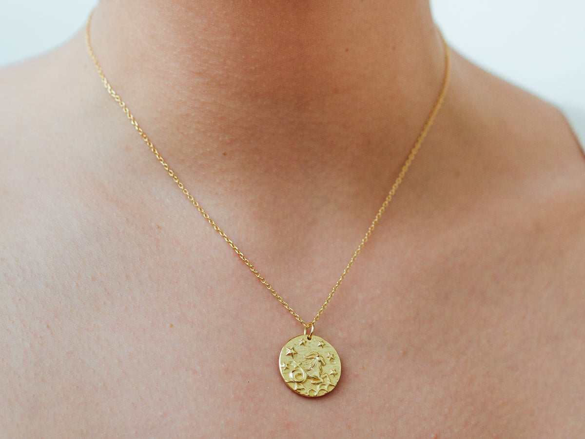 Capricorn Zodiac Coin 14k Gold Necklace