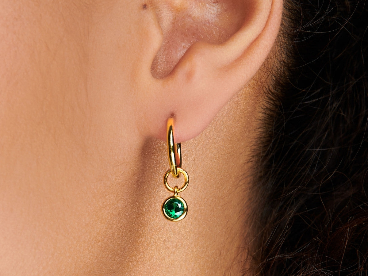 Emerald Drop Hoop Earrings in 14K Gold Over Sterling Silver
